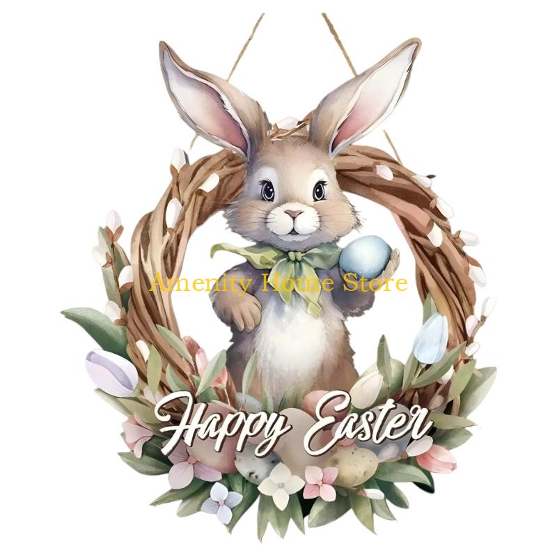 

F26C Adorable Rabbit with Colorful Eggs Wooden Hanging Ornament for Easter Spring