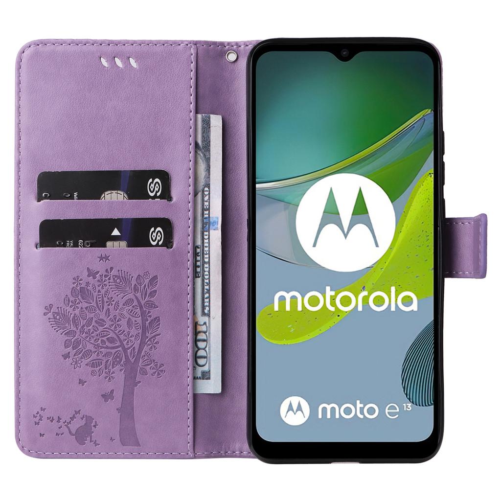 For Motorola Moto E13 4G Phone Case with Stand Cat Tree Pattern Leather Wallet Mobile Cover