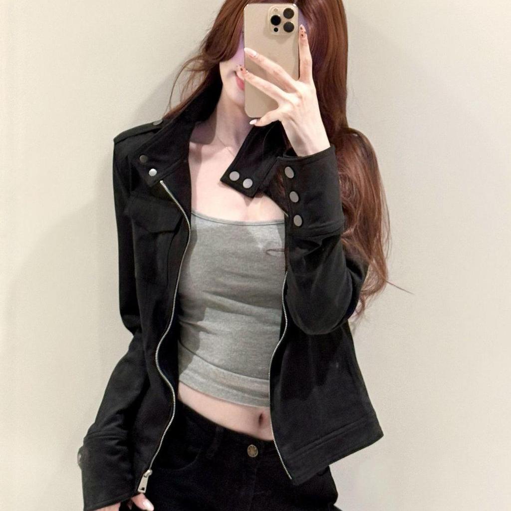 Women's Trendy Black Suede Stand Collar Retro Jacket for Spring, Autumn, and Winter