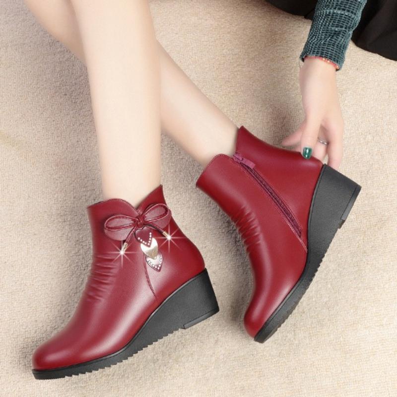 Women's Wedge Heel Fleece-Lined Short Boots for Autumn and Winter - Versatile and Warm for Seniors