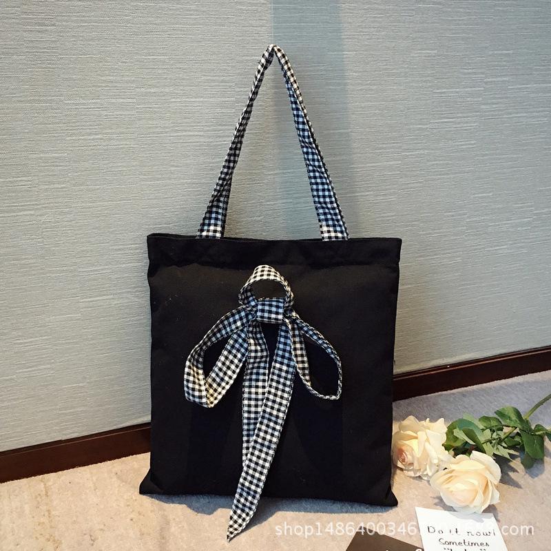 

Fashion Plaid Lace-Up Bow Shoulder Bag Versatile Student Canvas Bag Handbag Ladies Bag