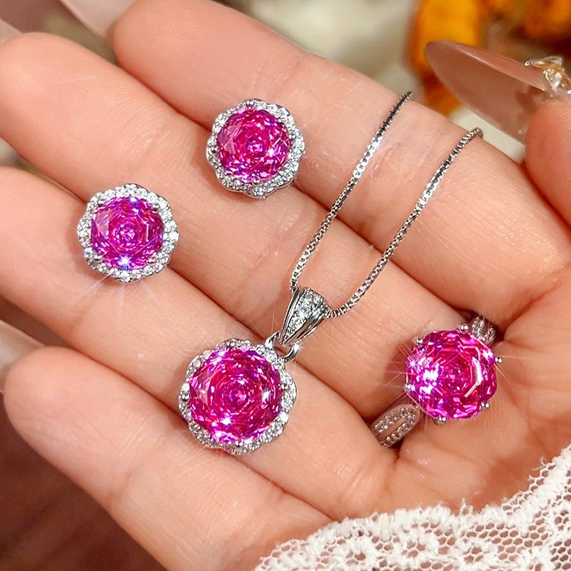 Set, Stud Earrings, Necklace, Ring, Octagonal Millennial Rose, Cut Rose Red, Simple And Versatile Piece For Women