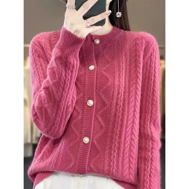 Women's Autumn/Winter Crew Neck Long Sleeve Knit Cardigan Solid Color Soft-Tone Button-Front Sweater