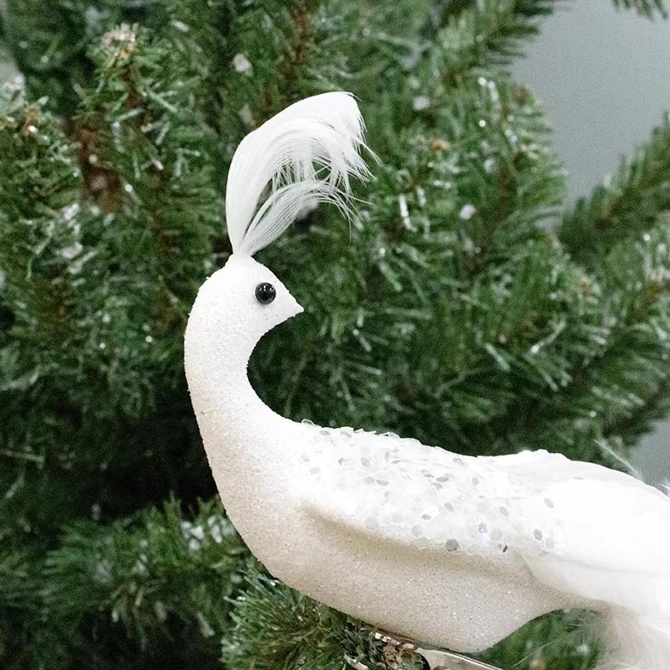 Christmas Tree Decortion Artificial Peafowl Ornaments Sculpture with Clip Bird Figurine Peacock Long Tail Realistic Crafts Decor