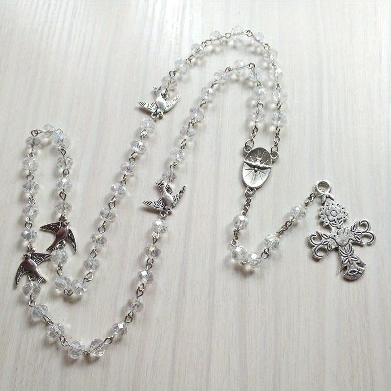 1pcs White GlassCrystal Rosary Necklace Cross Necklace Jewelry Alloy Mary Pendant Pendant Necklaces for Men Women Jewelry Wall Decoration Necklace