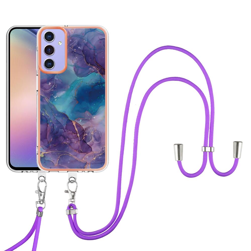 

YB IMD Series-18 Style E for Samsung Galaxy A15 5G/A15 4G TPU Case Marble Pattern Phone Cover with Crossbody Lanyard Purple
