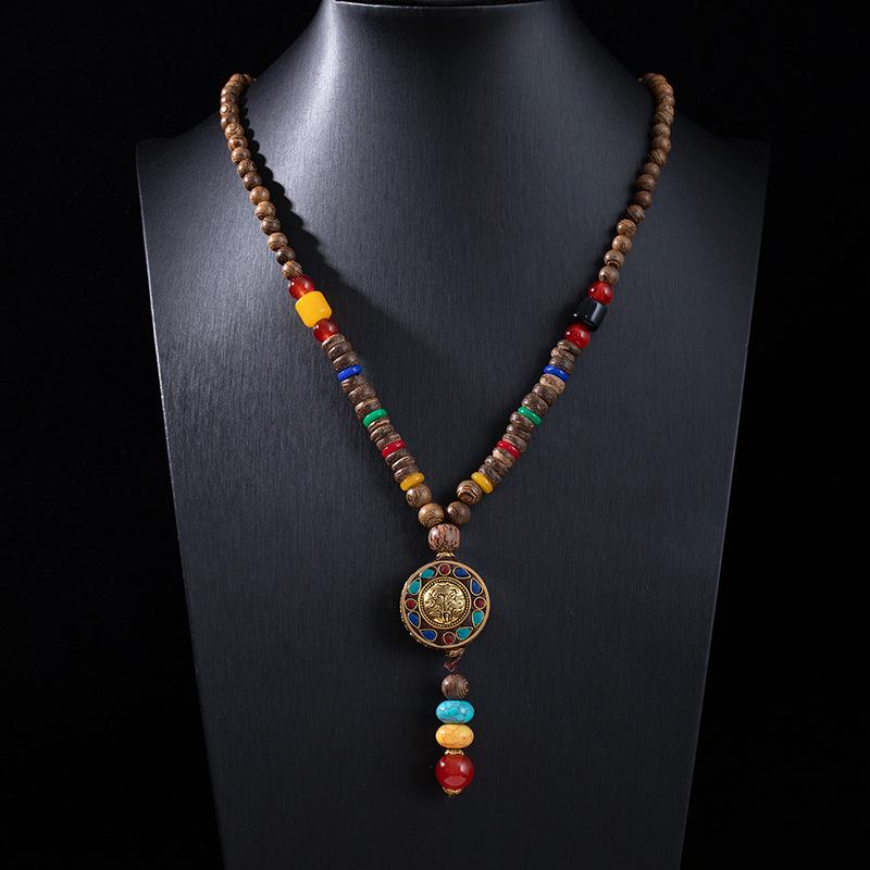 Ethnic Retro Vajra Bodhi Pendant Necklace with Wooden Beads