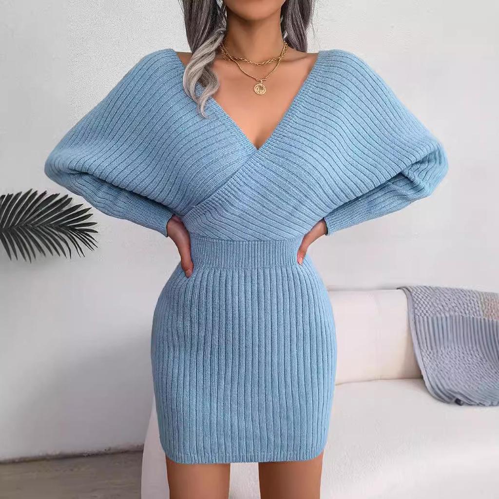 2025 Autumn/Winter European & American Sexy Cross V-Neck Batwing Bodycon Sweater Dress