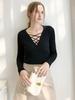 Autumn V-Neck Cross Mesh Strap Sweater - European & American Style Long Sleeve Slim Knit Top for Women