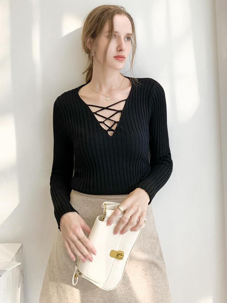 Autumn V-Neck Cross Mesh Strap Sweater - European & American Style Long Sleeve Slim Knit Top for Women
