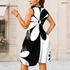 Damen Übergröße Rundhals Ärmellos Schwarz Weiß Geometrisch Bedruckt Raffung an der Taille A-Linie Midi-Kleid