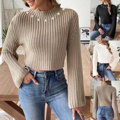 Damen, Kurzes Crop-Top, Perlenbesetzter Strickpullover, Herbst und Winter, Trompetenärmel, Halbochkragen, Pullover