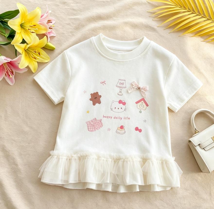 Girls Summer Lace Trim Short Sleeve T Shirt Cute Cartoon Print Bow Top