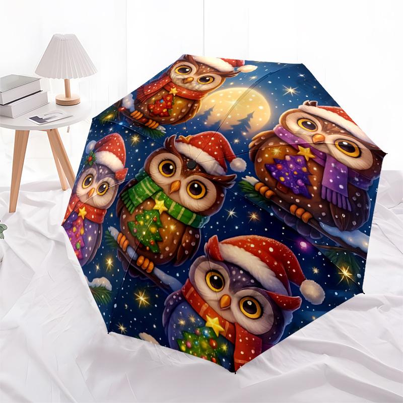 1pc Christmas Owls Automatic Open/close Umbrella, 8-Rib Sturdy Structure, Auto Folding/Opening, Portable Travel Umbrella for Women,171