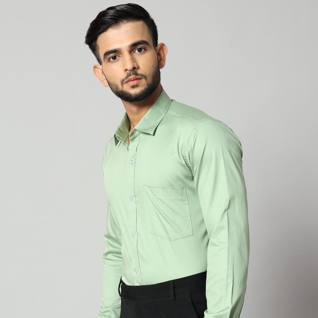 Men's Light Green Formal Shirt - Long Sleeves, 90% Combed Cotton & 10% Satin