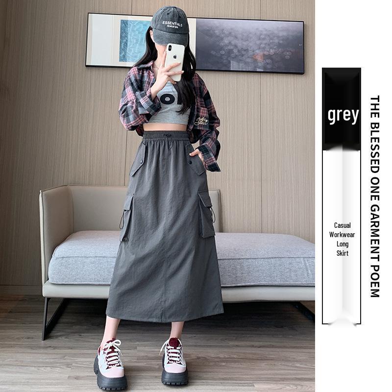 Women's High Waist A-Line Midi Skirt - Retro Workwear with Slit & Drawstring for Petite Figures, Spring & Autumn.