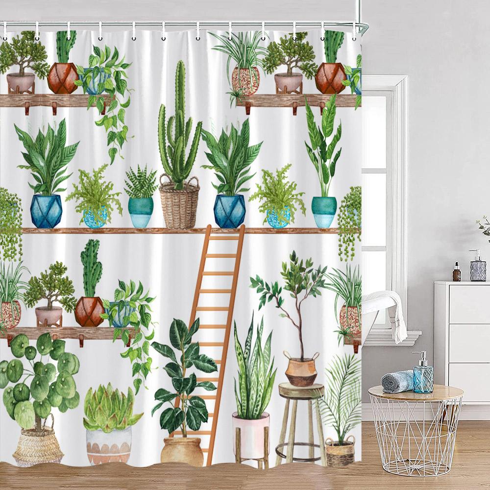 

Шторка для душа с растениями Кошки Зеленые комнатные растения Листья Кот на унитазе Современный декор для ванной комнаты Полиэстеровая ткань Занавеска для ванны 120x180cm-47x70in