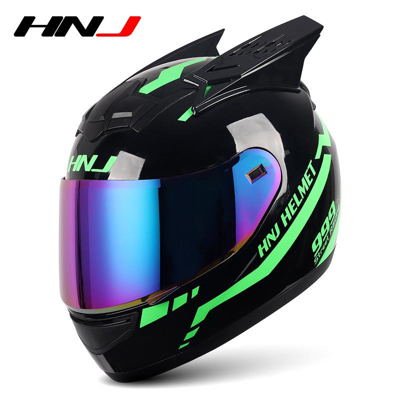 HNJ Unisex Full-Face Summer Motorcycle Helmet with Gray Riding Horns - Stylish and Safe for Racing