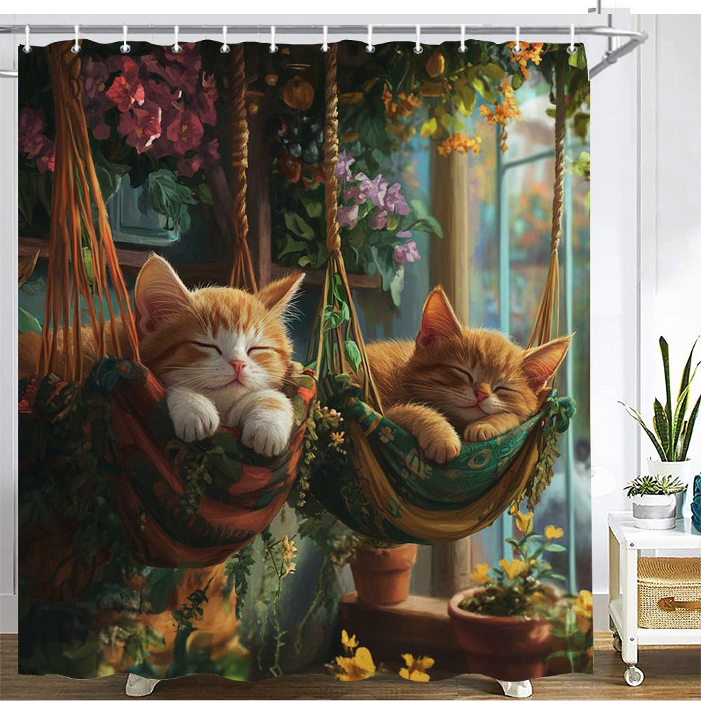 Cartoon Cute Cat Shower Curtain Printed Fabric Garden flowers and plants Cats Bathroom Curtain Bathtub Home Decoration Curtain