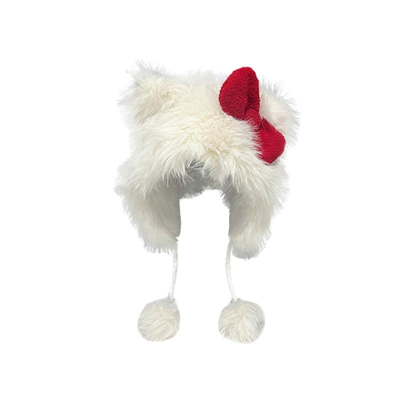 Katzenohrenmütze mit Schleife für kaltes Wetter, Plüschmütze für Mädchen und Damen, winddichte Ohrenklappenmütze, auch als Bergsteigerschal geeignet