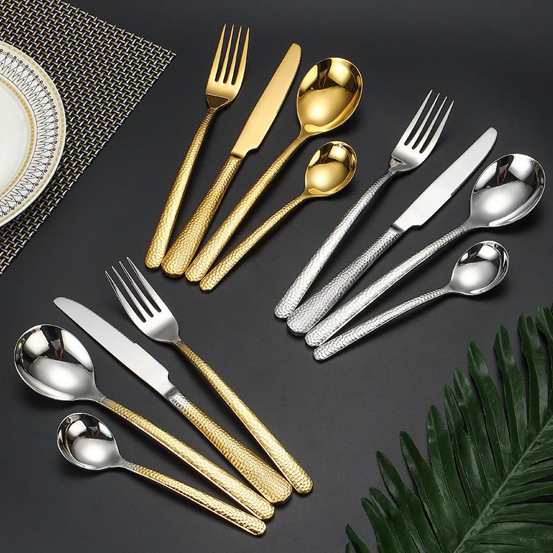 4/8/16Pcs Dinnerware Set 304 Stainless Steel Hammer Pattern Handles Steak Cutlery Fork Spoon Tableware Knives Dishwasher Safe