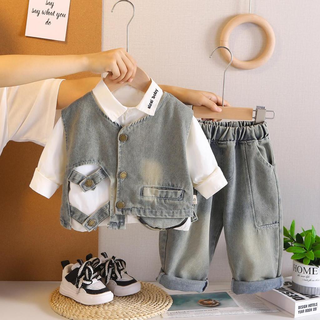 Boys' denim vest three piece set, autumn children's stylish shirt, denim pants, children's handsome set