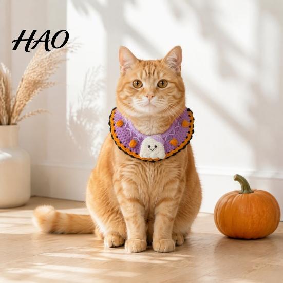 Cozy Knitted Pet Clothes Halloween Costume for Cats Small Dogs, Handmade Crochet Witch Hat Bib Puppy Party Accessories Collar, Adjustable Holiday Dog