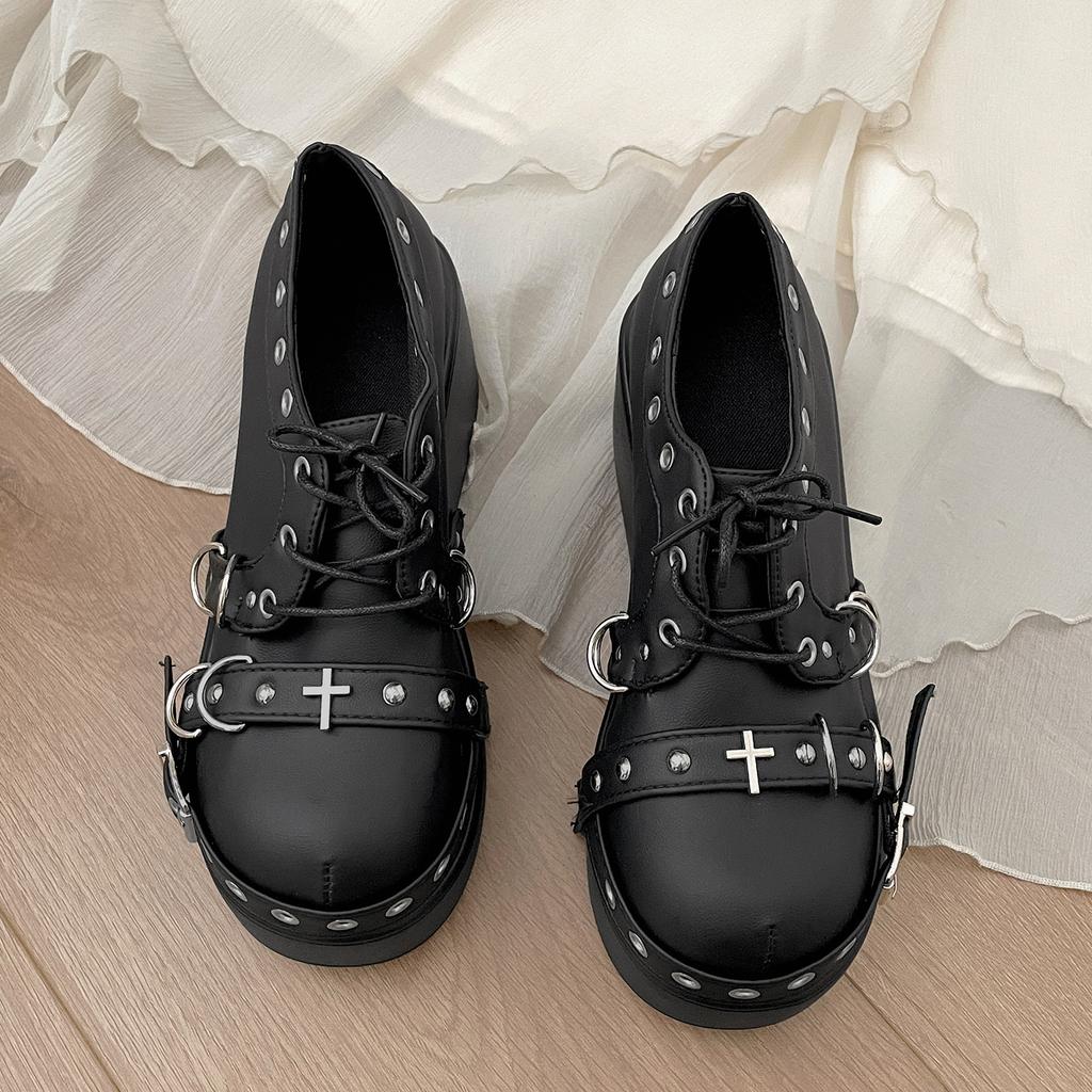 Queen Fan Black Punk Style Platform Small Leather Shoes Women's 2025 New Summer Sweet and Cool Retro Height Increasing Single Shoes