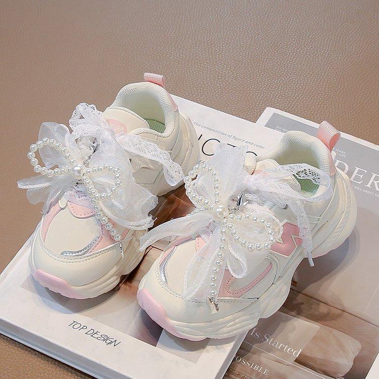 

Girls sports shoes fashion dad shoes 2025 spring and autumn new breathable mesh bow girl princess white shoes 37 розовый