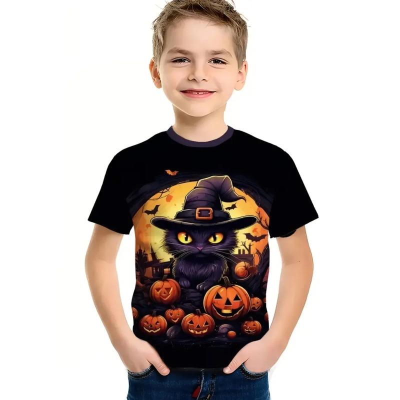 Round Neck 3D Pumpkin Animal Printed T-shirts Short Sleeved Children's Boy T-shirts - Soft Medium Stretch Polyester Fabric Summer Relaxed Fit Clothing