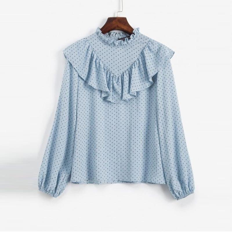 

ZANZEA Женская повседневная блузка с круглым вырезом и длинным рукавом в горошек S синий