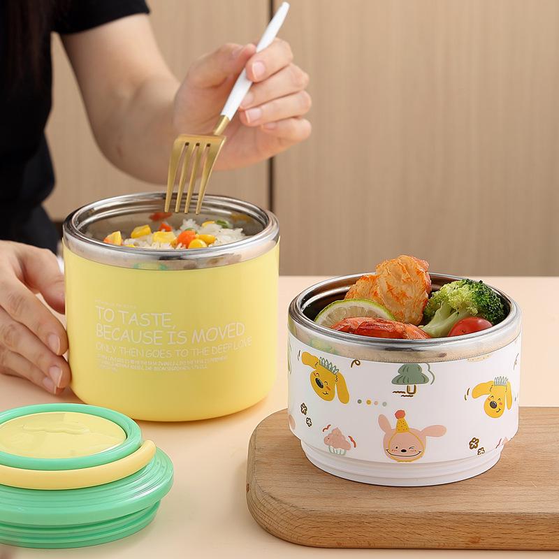 Adorable Cartoon Double-Layer Thermal Lunch Box with Spoon – 304 Stainless Steel, Ideal for Kids and Students