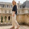 Damen Zweiteiliges Baumwoll-Leinen-Set Lockere Bluse und Weite Hosen Casual Vintage Stil Outfit für den täglichen Gebrauch