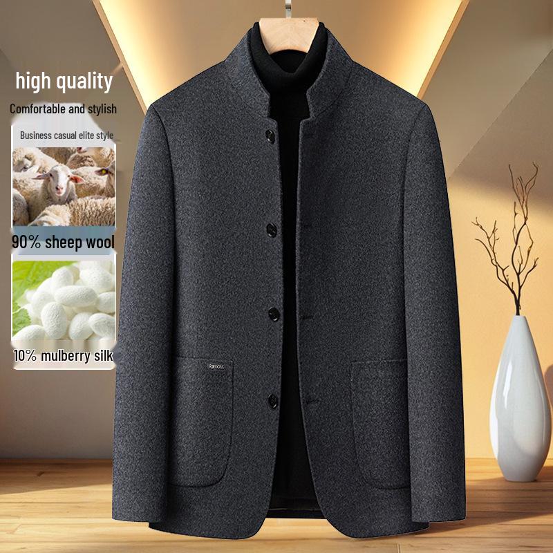 Men's Autumn Winter Wool Coat - Middle-aged Stand Collar Business Casual Jacket
