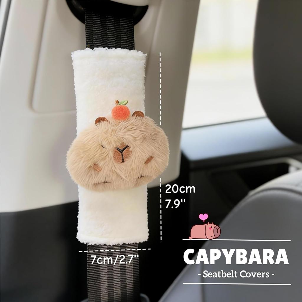 2 PCS Seat Belt Cover Pad, Cute Kawaii Animal Capybara Seatbelt Covers for Kids, Soft Seatbelt Cushion, Car Seat Strap Pads (White(A))