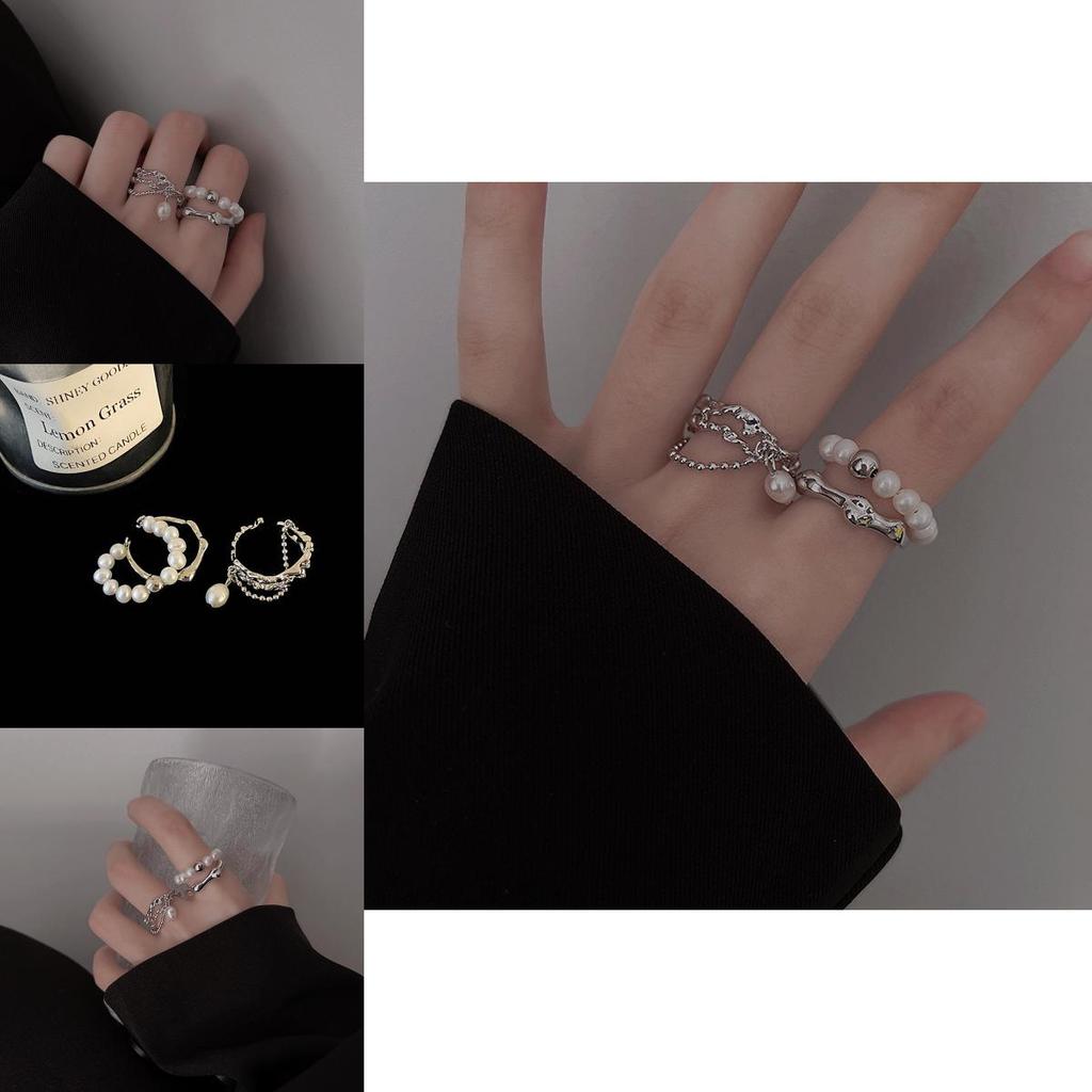 Stylish Geometric Design Pearl Chain Tassel Ring For Women Adjustable Size