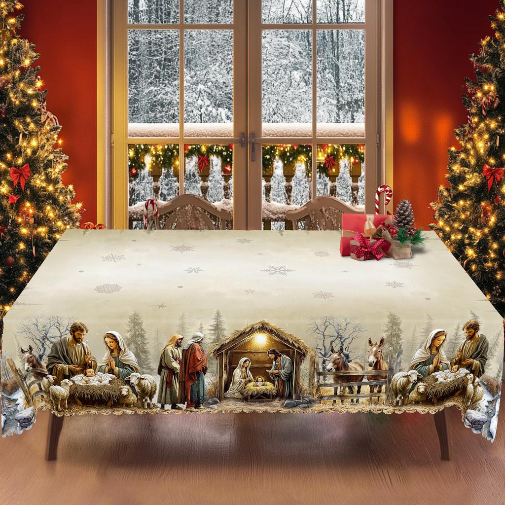1Pc Christmas Tablecloth With Nativity Scene, Yule Home Party Decor For Indoor Outdoor, Xmas Round Rectangular Table Cloth