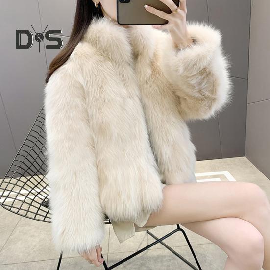Auutmn Winter Lady Cardigan Coat Furry Plush Stand Collar Heat Retention Long Sleeves Thickened Short Type Solid Color Faux Fur Jacket