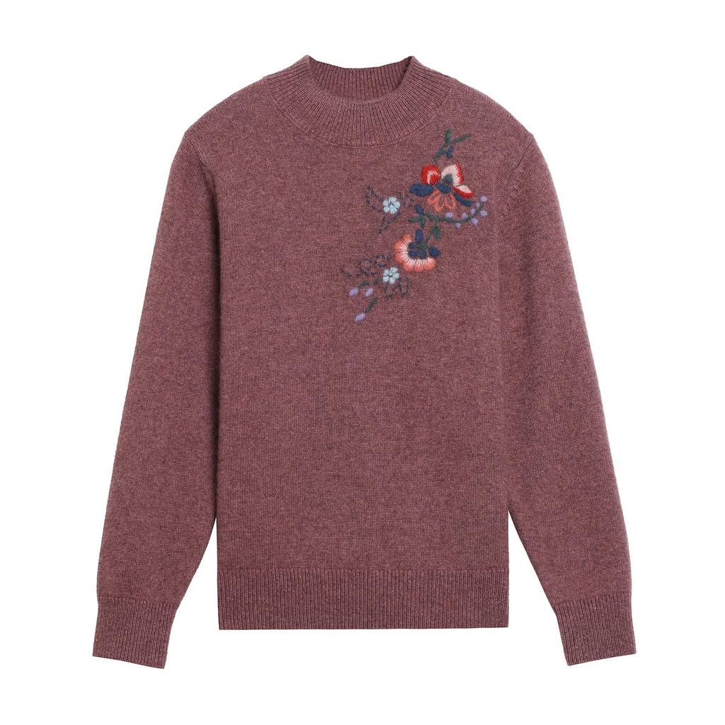 High-Grade Wool Sweater: Semi-High Collar, Fashionable Embroidery, Thick Knit for Middle-Aged/Elderly Women, Winter Warmth.