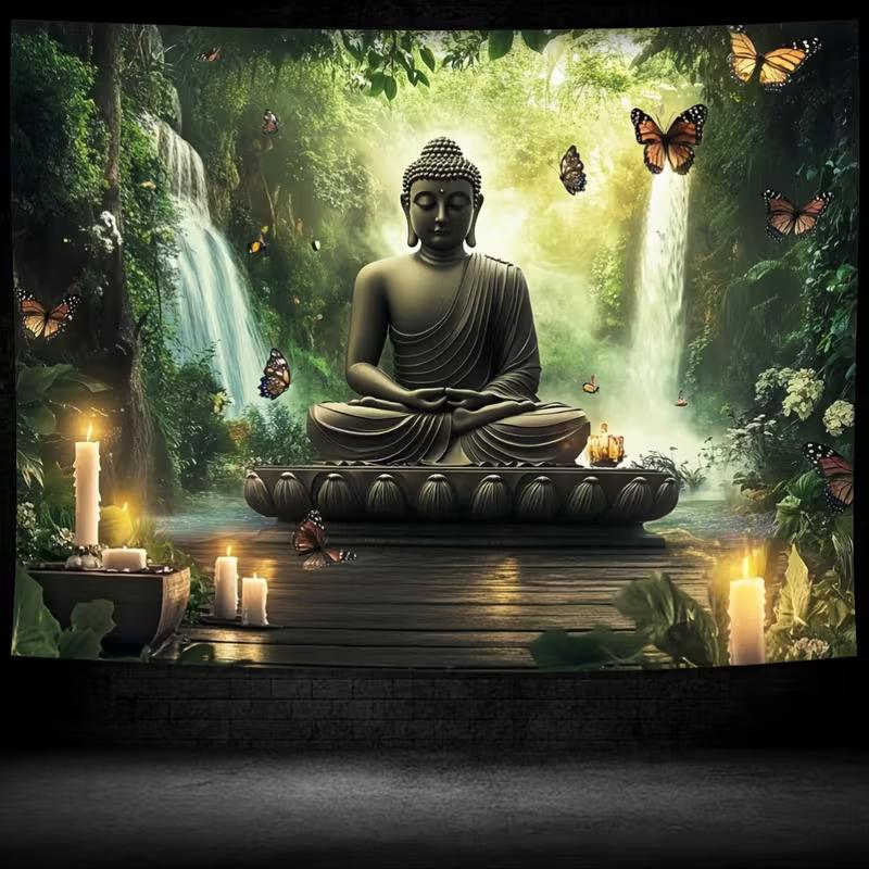 Colgante de pared con paisaje de cascada en bosque de Buda místico 2D, Tapiz de fondo estético para sala de yoga espiritual