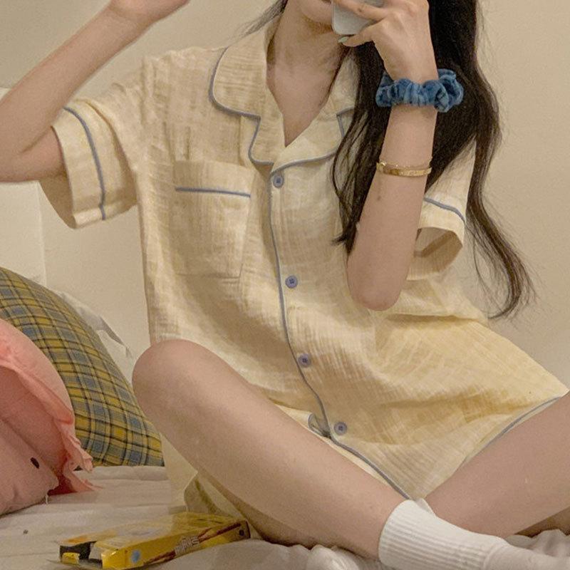 Japanese-style Unprinted Style Summer Fresh Cotton Pajamas Women's Short Sleeves 1011 New Loose Outer Loungewear Suit
