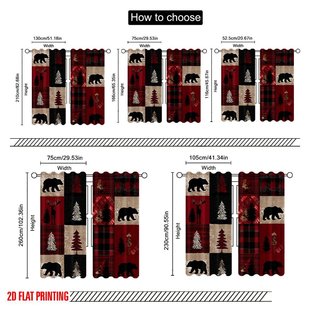 2 Stück, 2D-Flachdruckmuster Vorhänge Rot kariert Bär Hirsch Wald Polyesterstoff (ohne Stange) Perfekt für Heimdeko