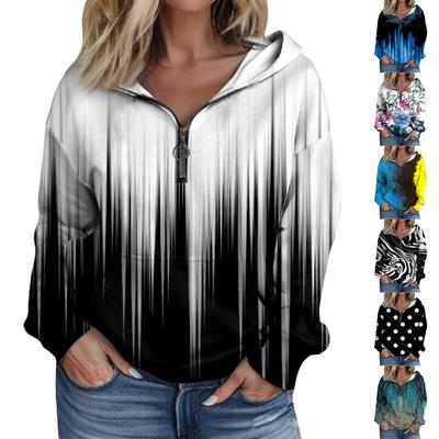 Women's Fashion Printing Long Sleeve Loose Half Zippered Hoodie With Pockets