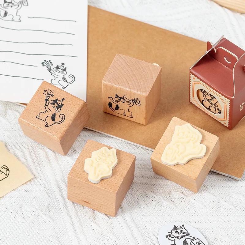 Cute Cat Daily Wooden Seal Single Cat Diary Photo Album Diy Decorative Material Stamp  Assorted Stamp Gift Wooden Stamp School