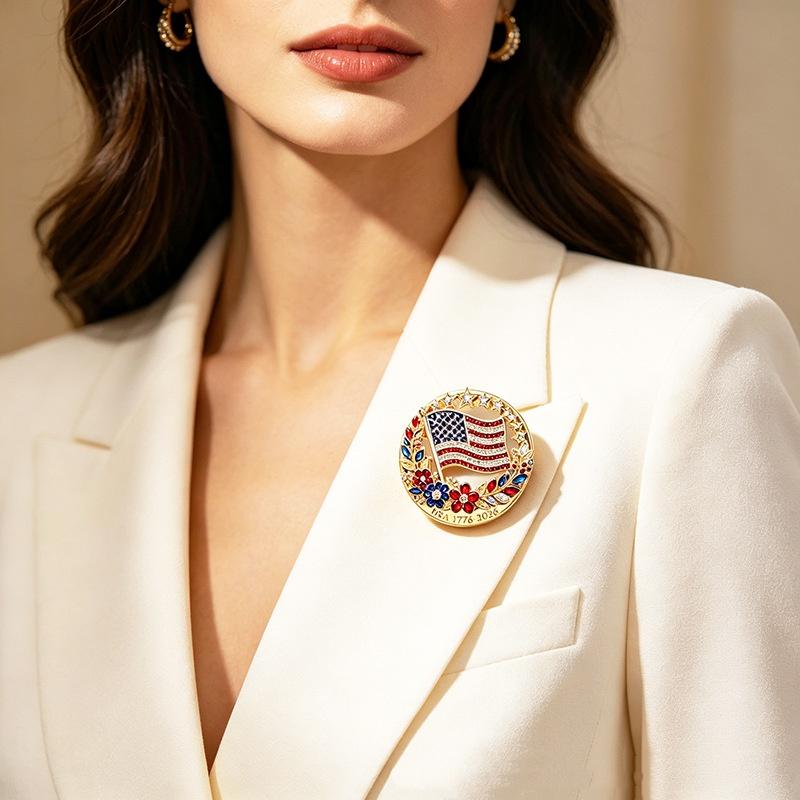 USA 250th Anniversary Commemorative Brooch Set Shiny Rhinestone American Flag Hypoallergenic for Sensitive Skin Daily Wear