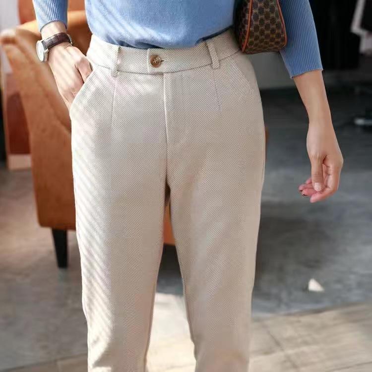 Women's Autumn and Winter Tweed Pants Solid Color High Waist Thin Casual Suit Pants