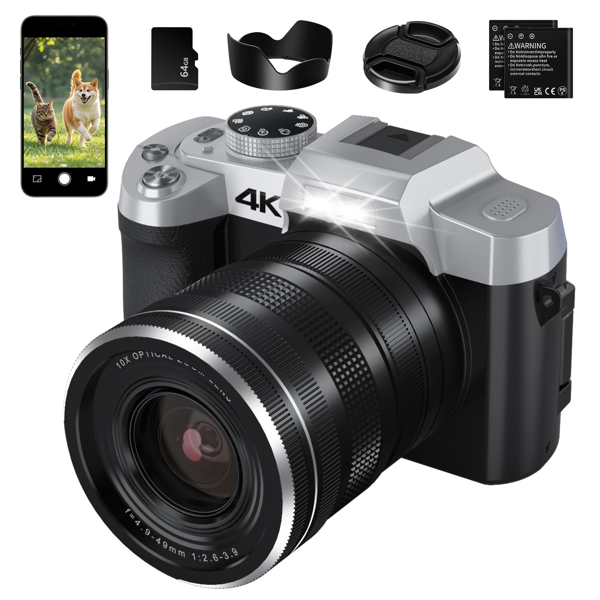 

4K Цифрова 4K AF 12x Оптична Обертова IPS 64GB SD Карта Легка та VLOG Камера для та Студентів Камера, 75MP, Запис, Передача Wi-Fi, чорний