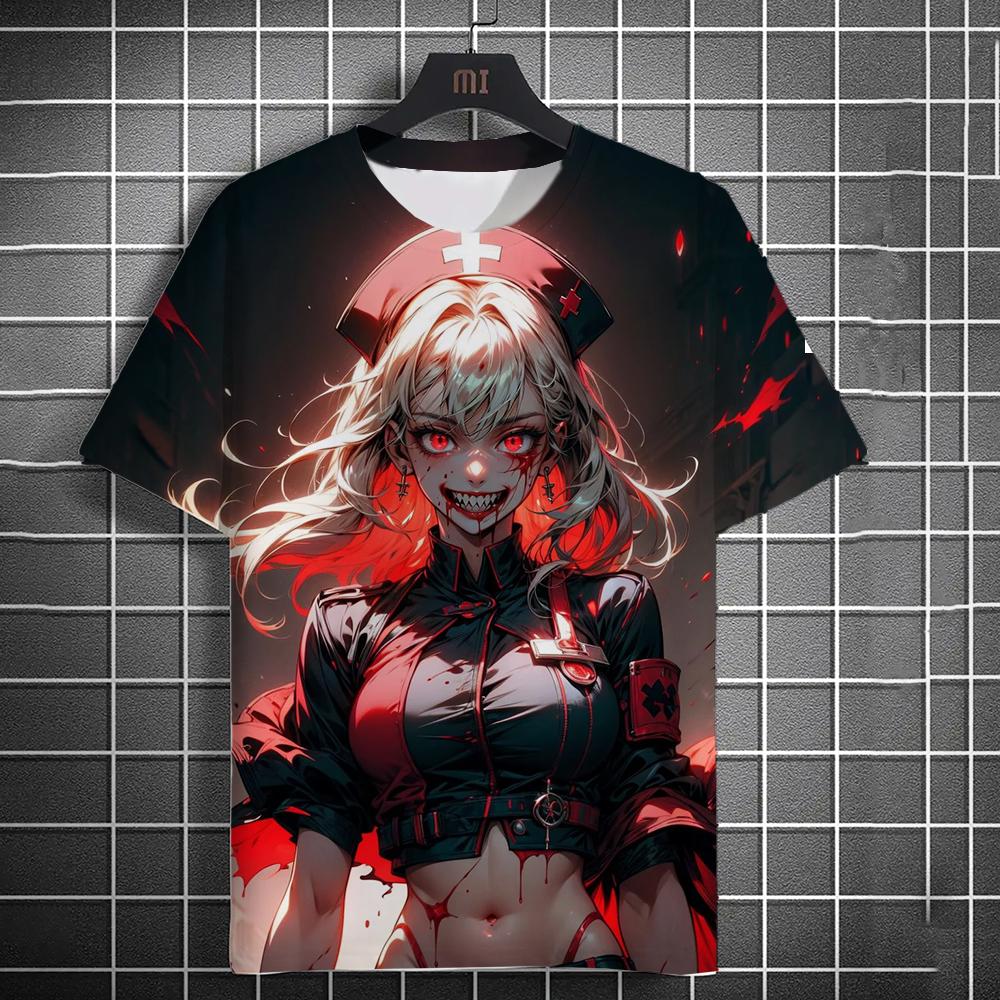 Summer New Men's Casual Short Sleeve T-Shirt Halloween Vampire Anime Girl Comfortable Breathable Retro Printed Short Sleeve