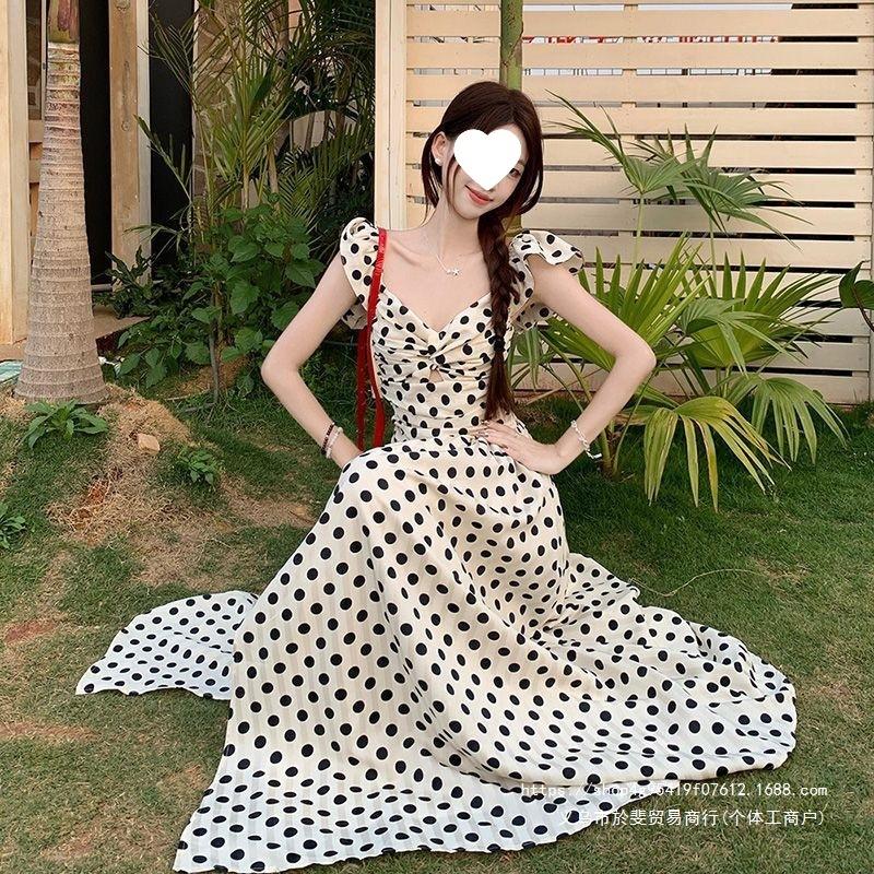 Super Fairy French High-end Polka Dot Dress for Women's Summer New Pleated Waist and Thin Temperament Flying Sleeve Long Dress