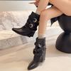 Fashion Niche Design Sense Rivet Belt Buckle Pointed Toe Block Heel Mid-Heel Booties Women'S  Winter New Single Boots